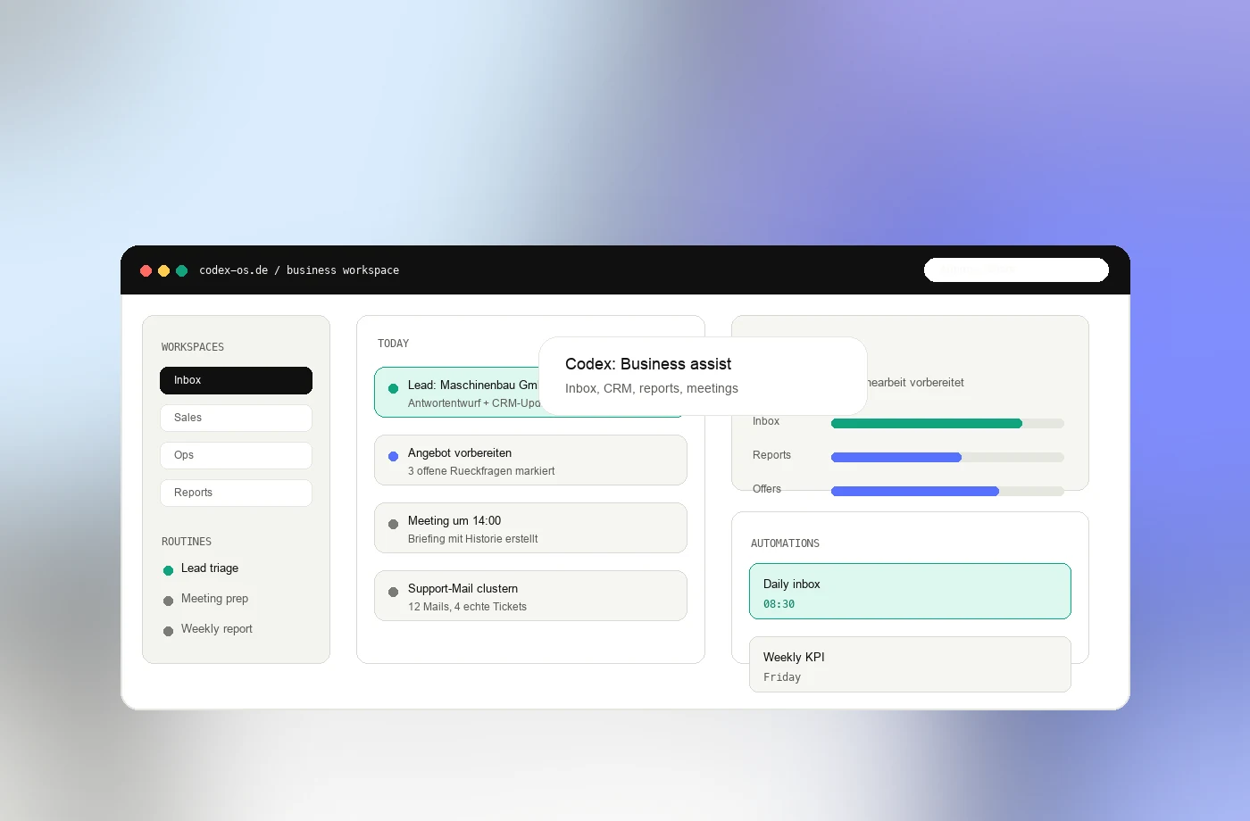 Codex Business Workspace mit Automations, Reports, Inbox und Terminen